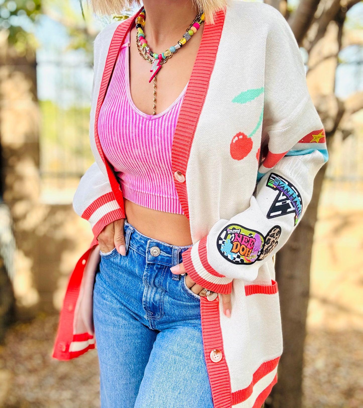 NC-CHERRY BOMBER CARDIGAN + retro band babe +MEDIUM