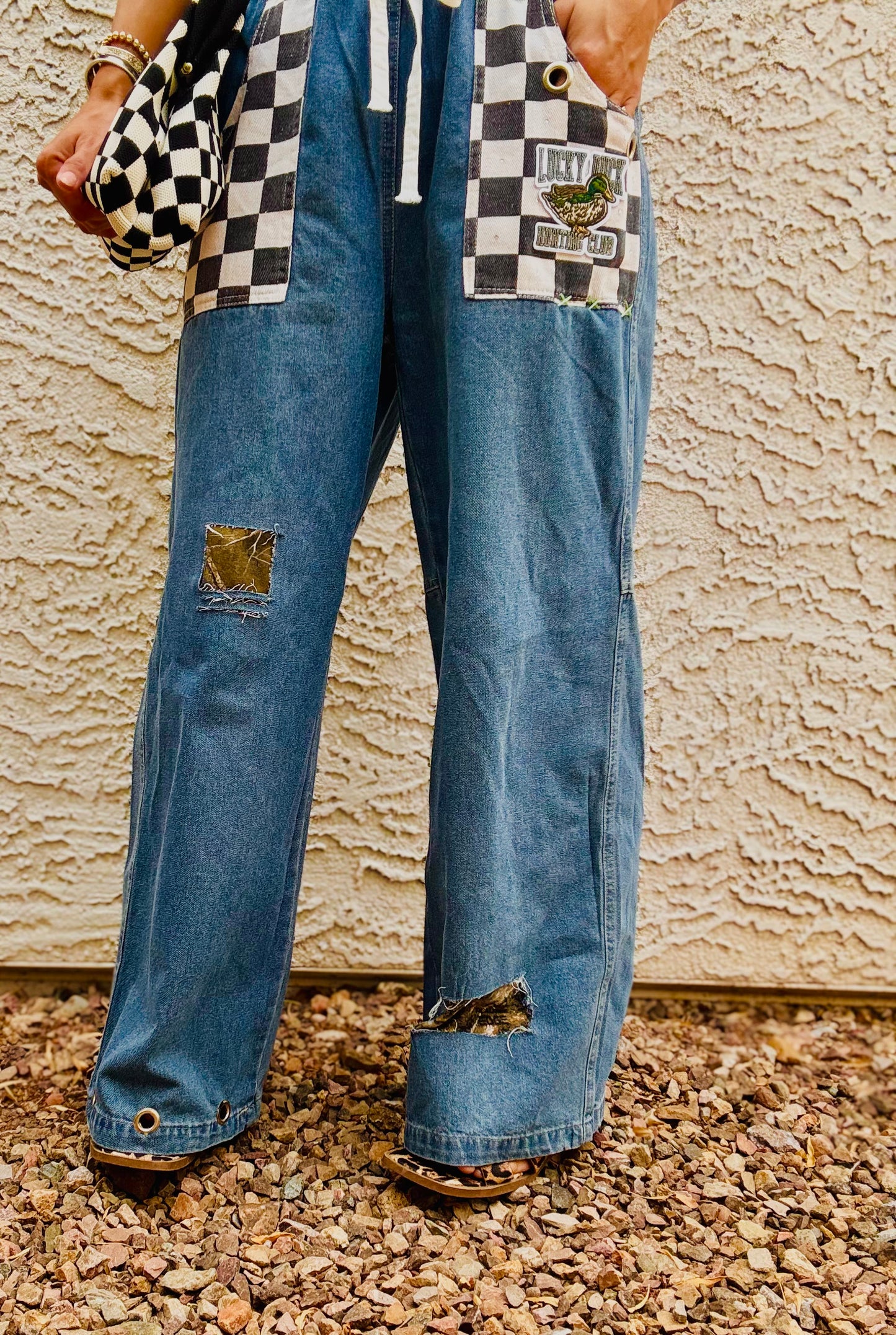 AUG- LUCKY DUCK CAMO REWORK WIDE LEG LIGHT DENIM- SIZE MEDIUM ELASTIC WAIST BAND AND DRAW STRING
