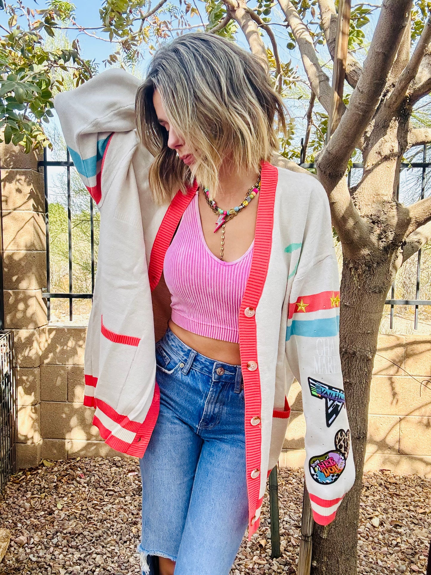 NC-CHERRY BOMBER CARDIGAN + retro band babe +MEDIUM