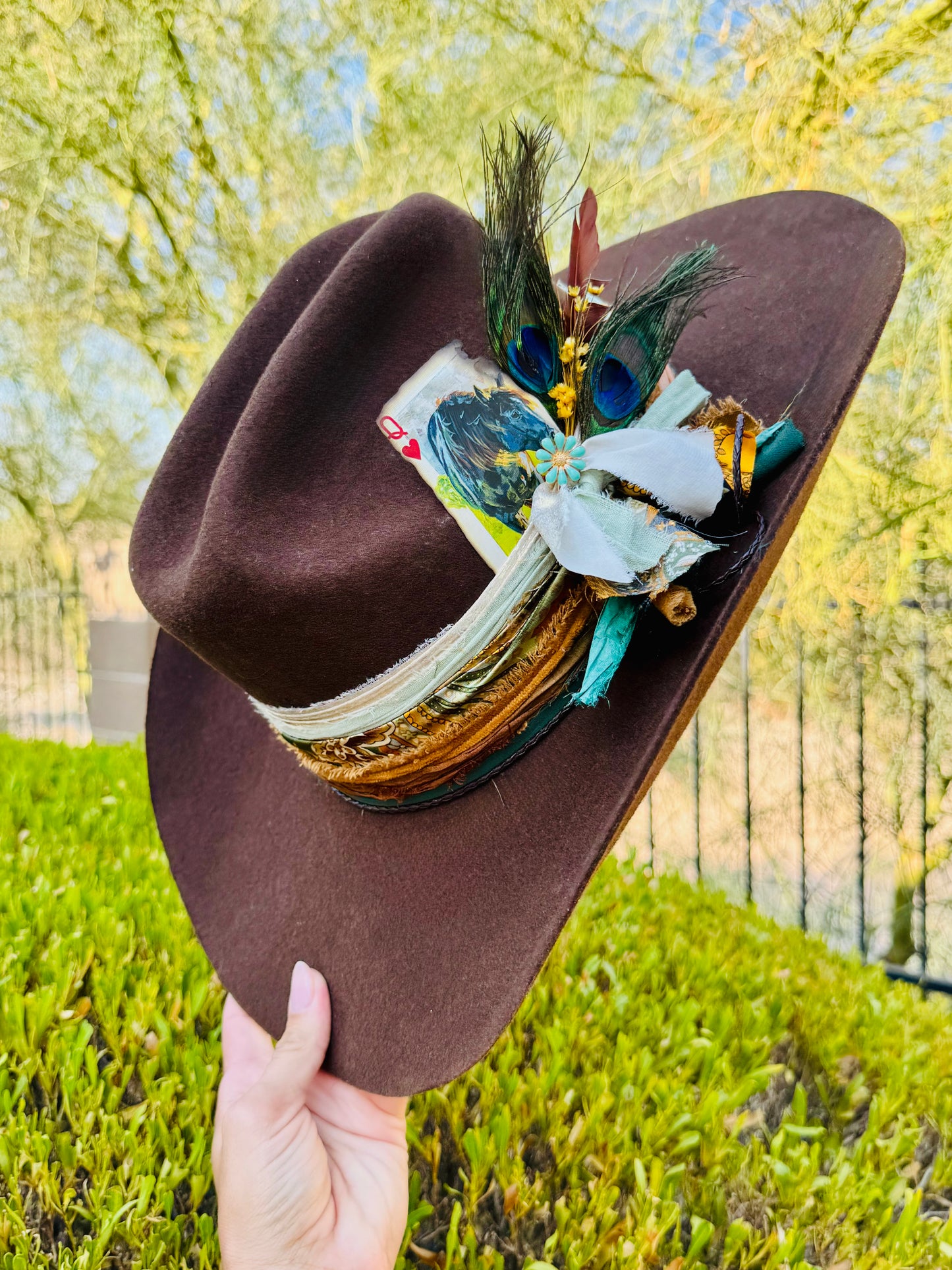 NU-painted horse brown green  -Traditional Cowboy fit American Hat Co. felt Large adjustable