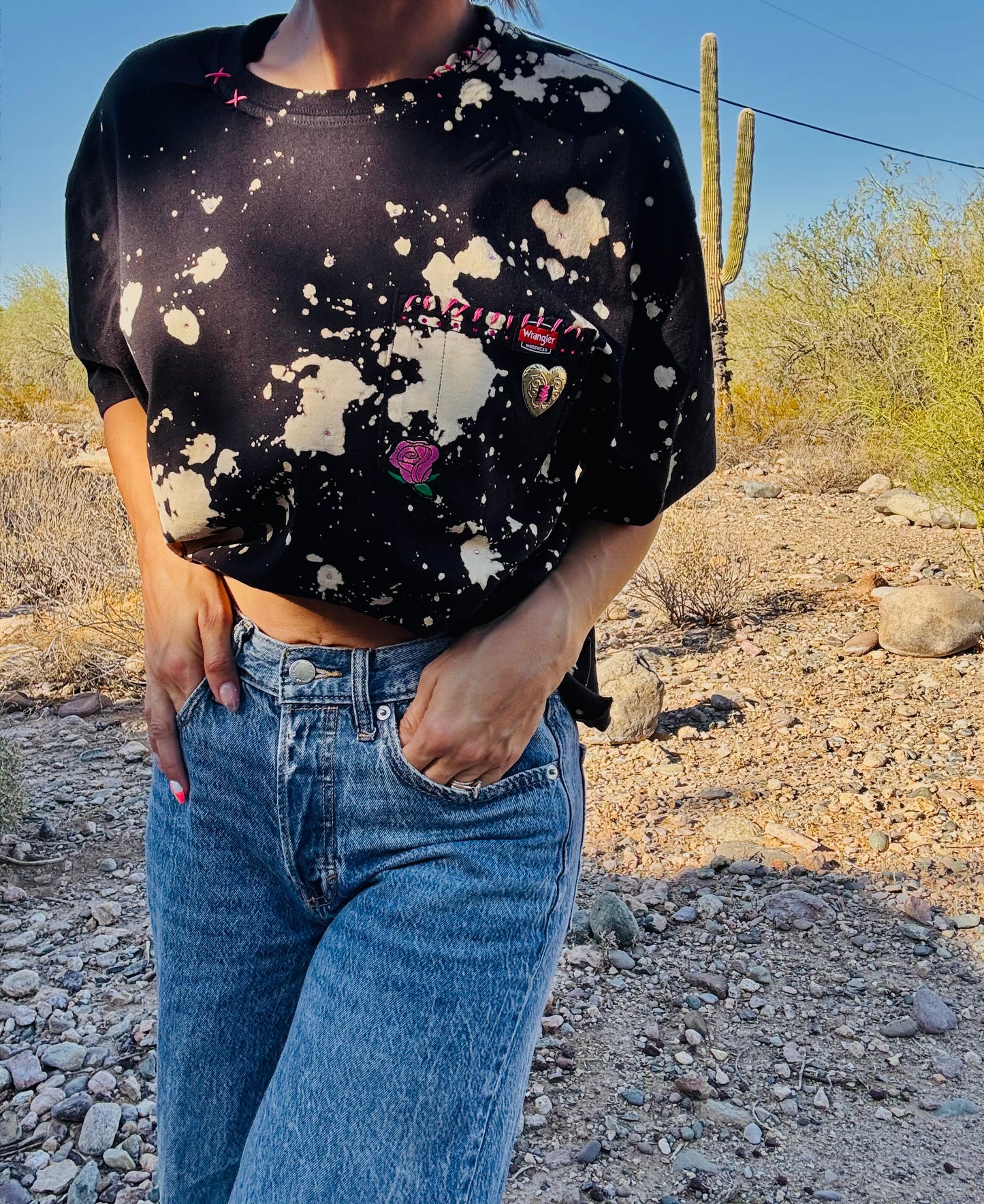 HD-Cosmic Baddie  - BLACK DISTRESSED POCKET SHIRT - MENS LARGE CUT