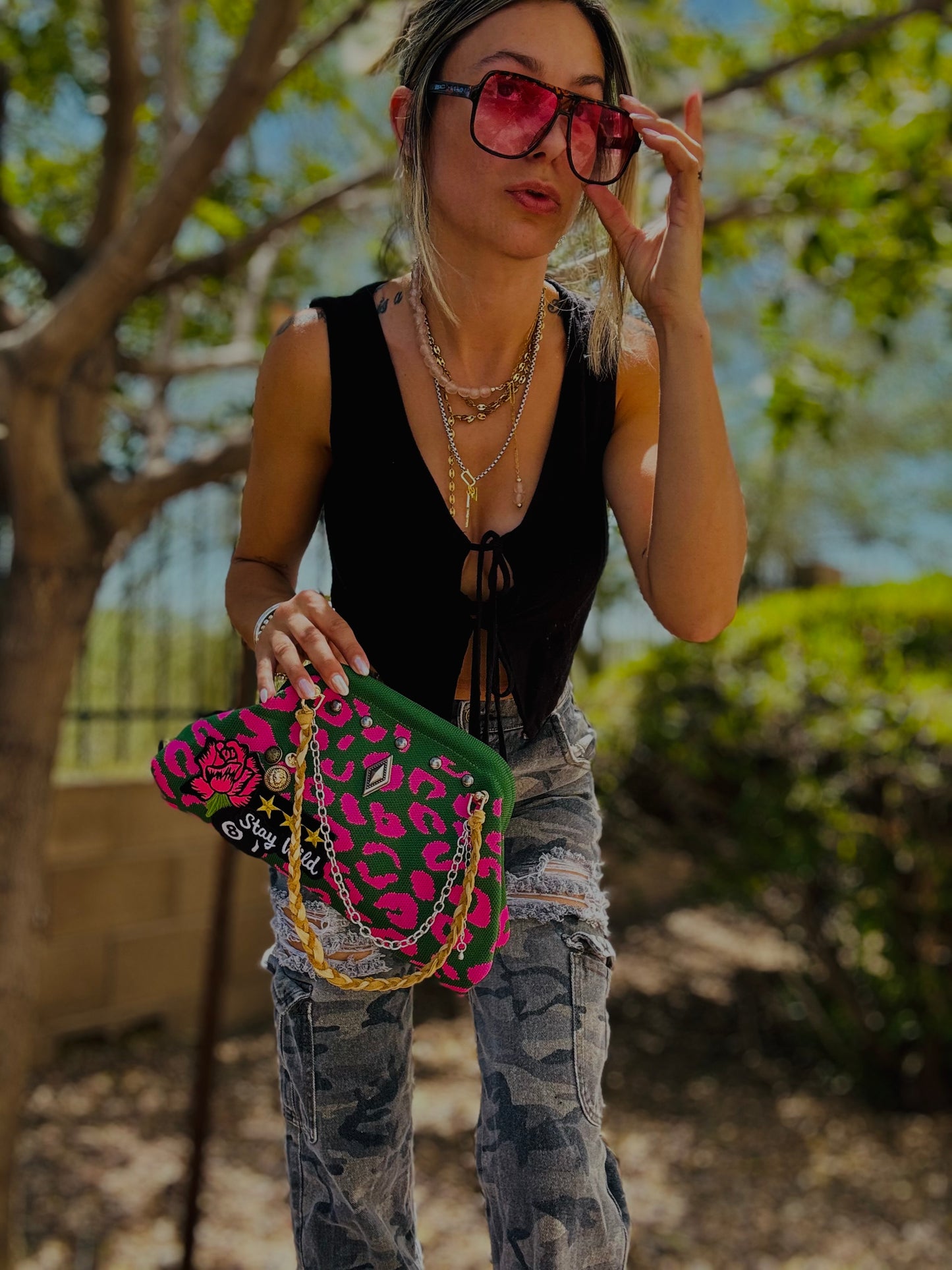 AA-SEXY TRACTOR PINK AND GREEN STRIPES+** LIZZIE KISS CLUTCH￼** (no loops inside)
