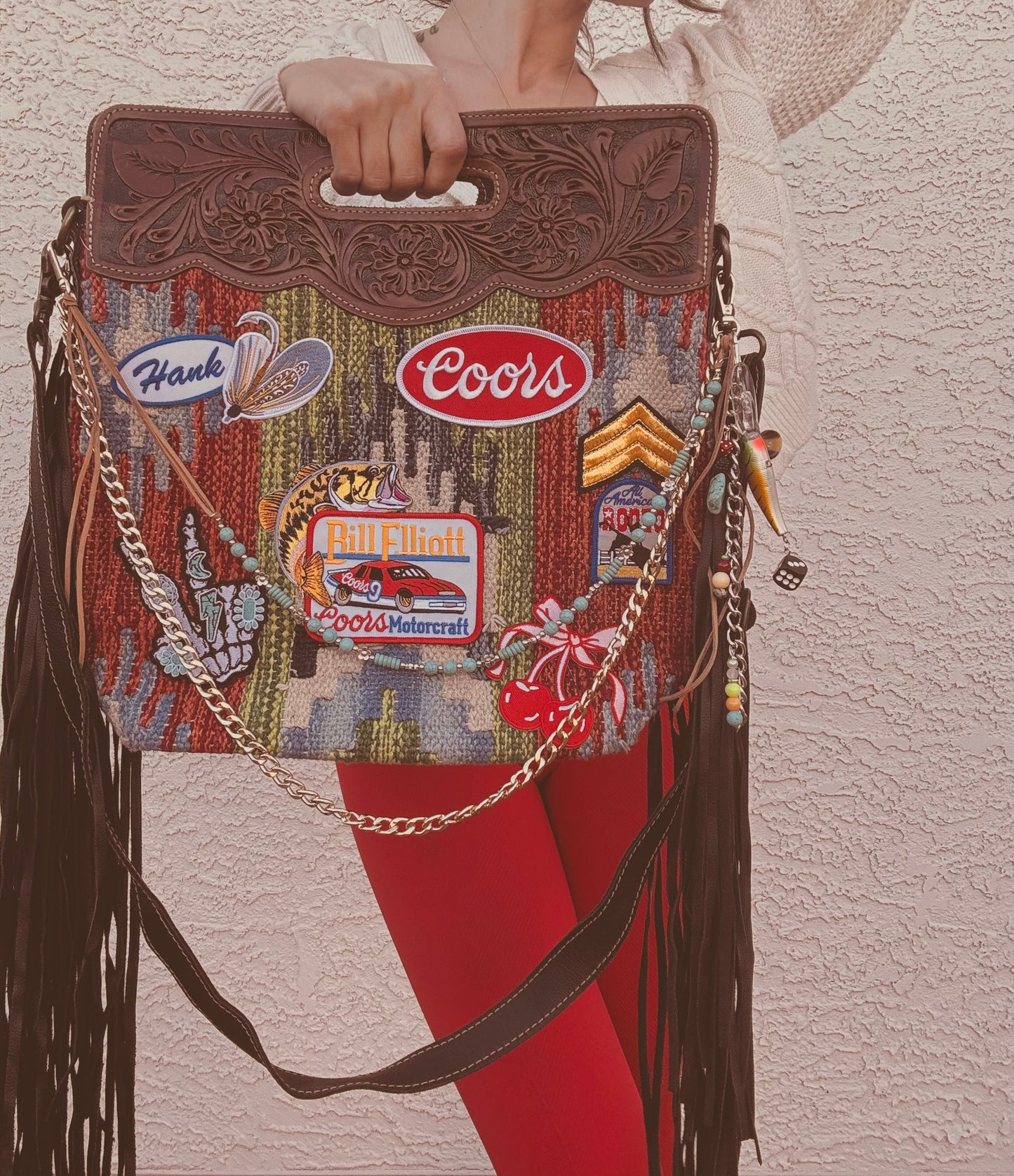 FF-patched and petty + GENUINE TOOLED LEATHER + Real cow hide fringe+ ONE OFF BADDIE