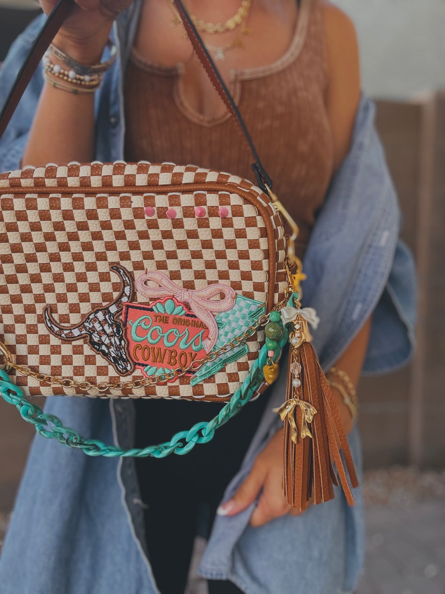FC-western Bull skull teal -tan checkered OG *Page Bag* Dual straps