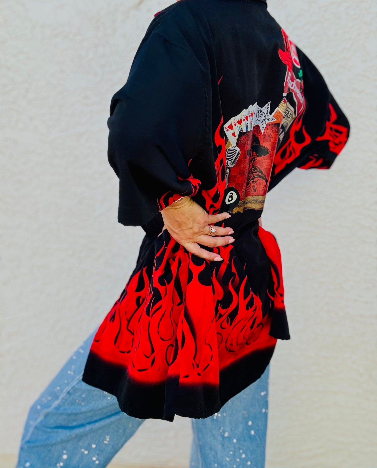 HD-ONE FIRE BABE  - DAD KIMONO Button up TEE MENS Medium fits large