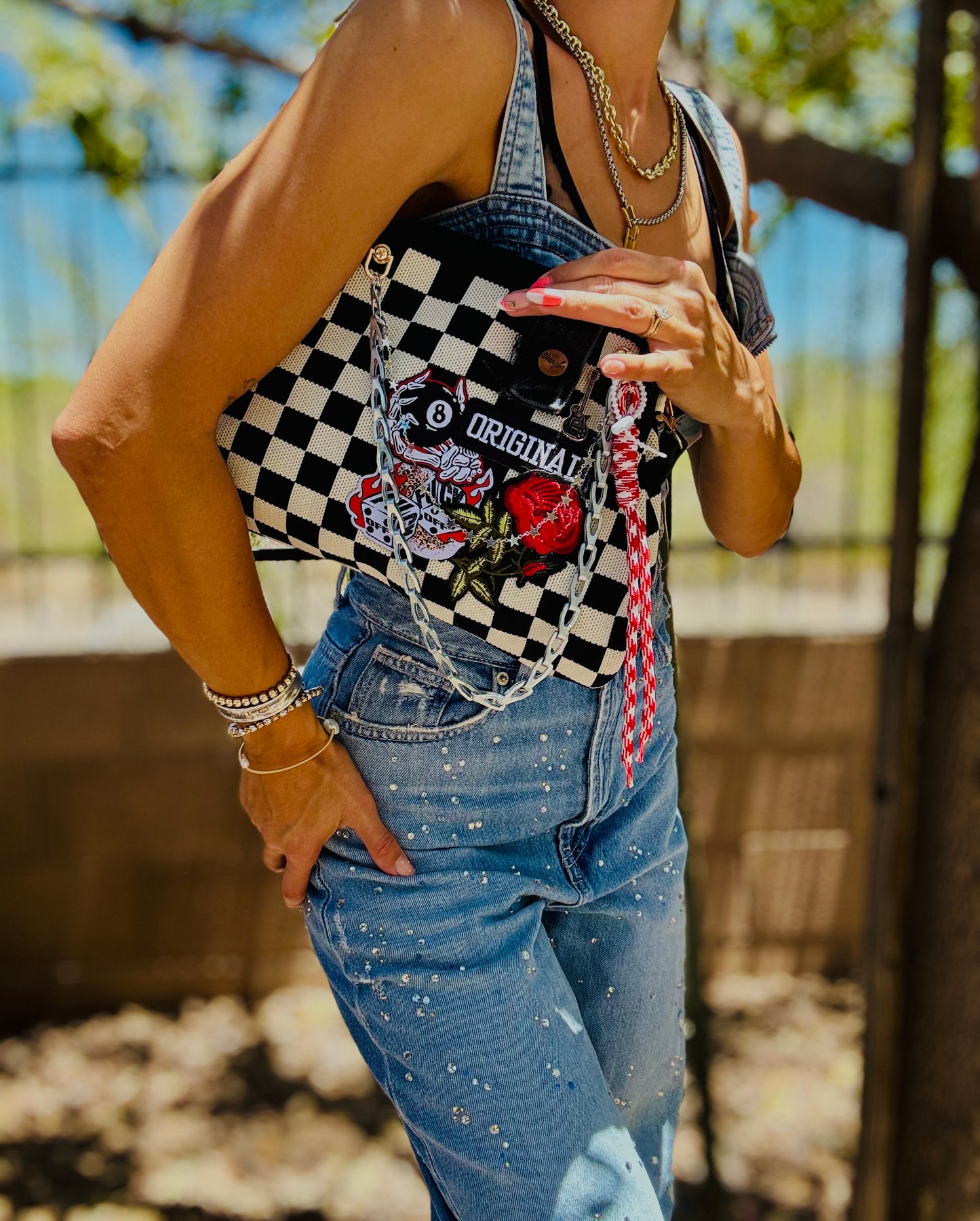 RG-ORIGINAL F OFF BADDIE BABE +wrnagler denim patch work++ checkered black and white LIZZIE KISS CLUTCH￼** WITH STRAP