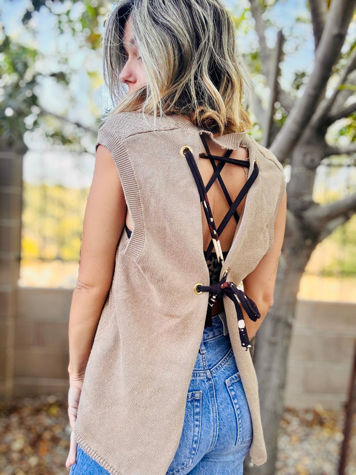 23-ROCK Band DAD SWEATER VEST- Reimagined with OPEN BACK and Cut hem- MENS MEDIUM loose open back fit