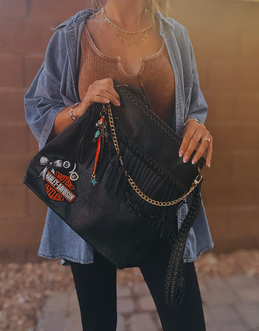 FC-bike babe+ Authentic upcycled button- handmade badass charms FRINGE +buckle CROSSBODY