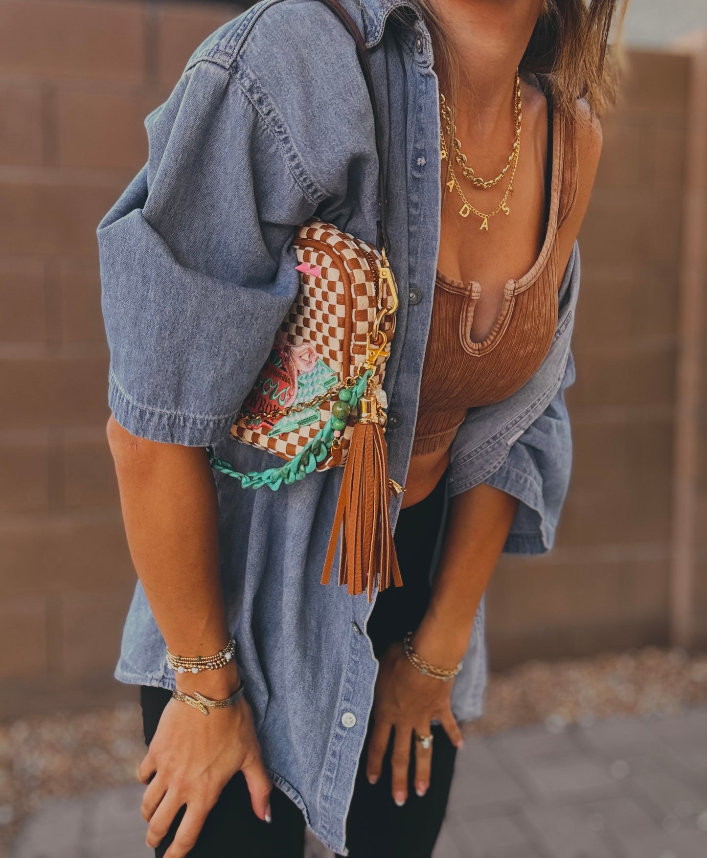 FC-western Bull skull teal -tan checkered OG *Page Bag* Dual straps