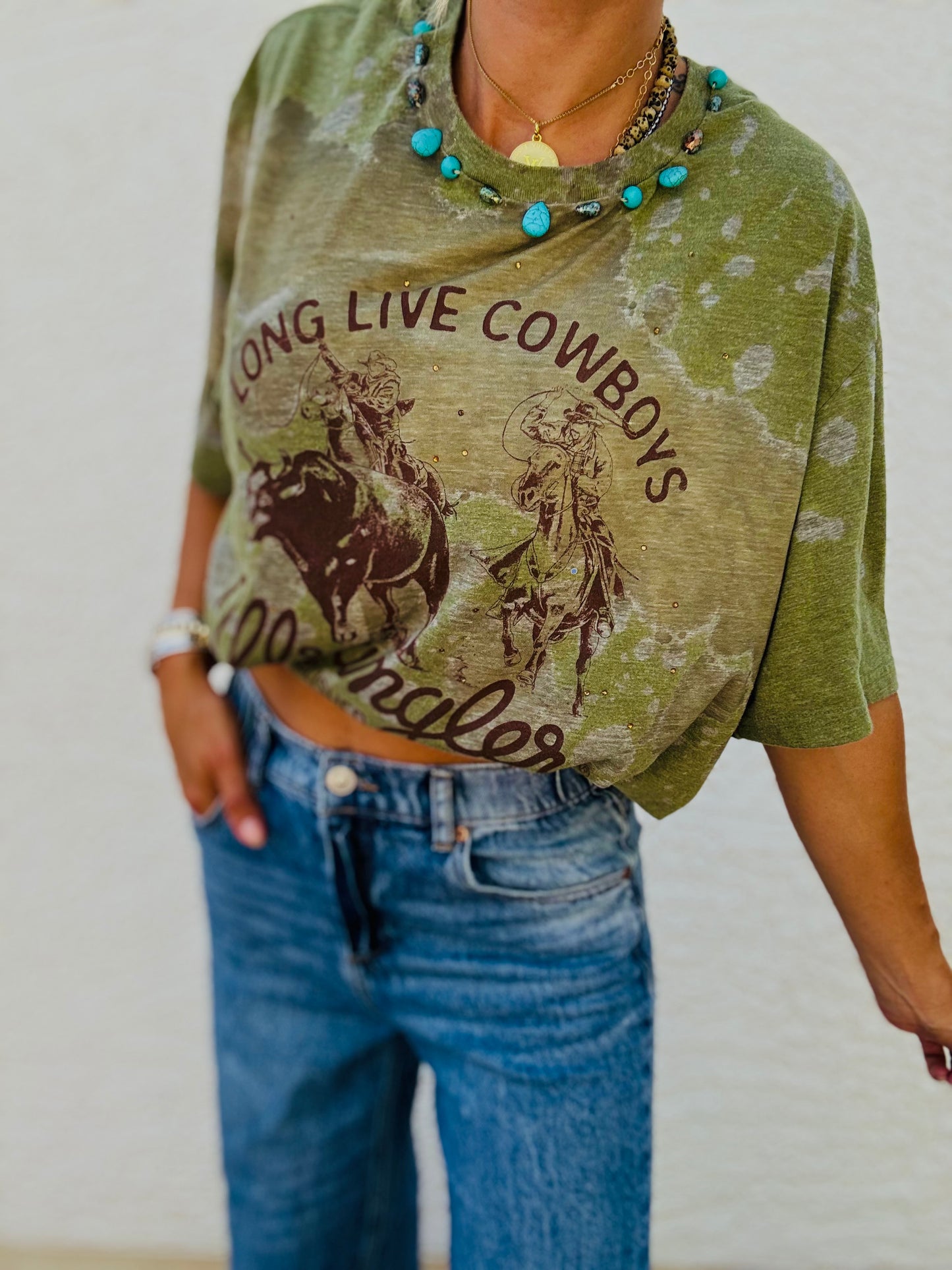 TEE-long live cowboys beaded collar  - DAD TEE XL