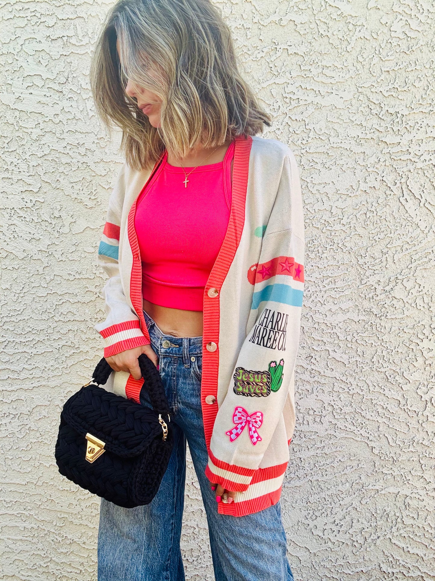 BBH-CHERRY BOMBER CARDIGAN +jesus saves retro +￼ CM CO. babes