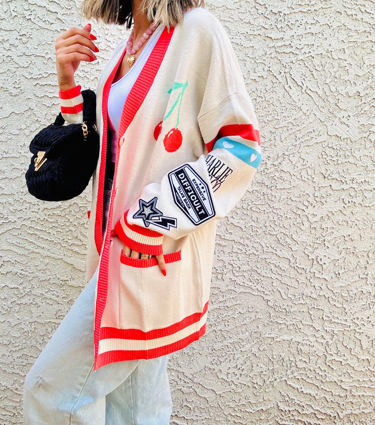 BBH-CHERRY BOMBER CARDIGAN + expensive, difficult talks back,  +￼ CM CO. babes