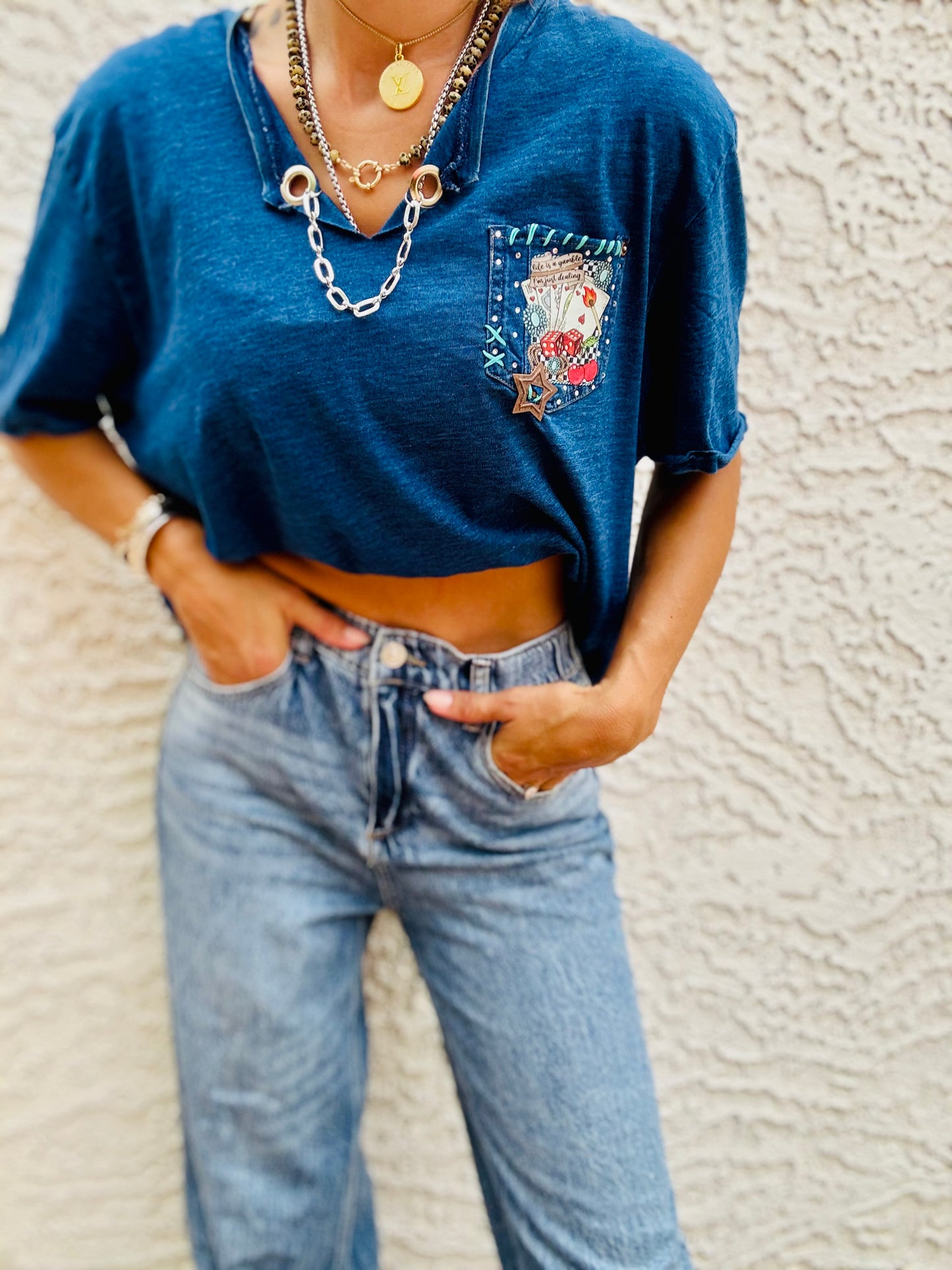 TEE-denim blue life’s a gamble HUSBAND POCKET SHIRT - XL FITS LIKE LARGE