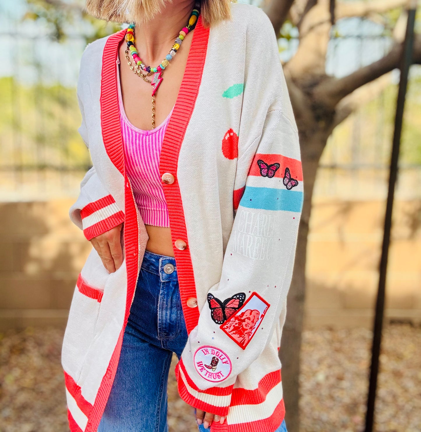 NC-CHERRY BOMBER CARDIGAN + PINK DOLLY + MEDIUM