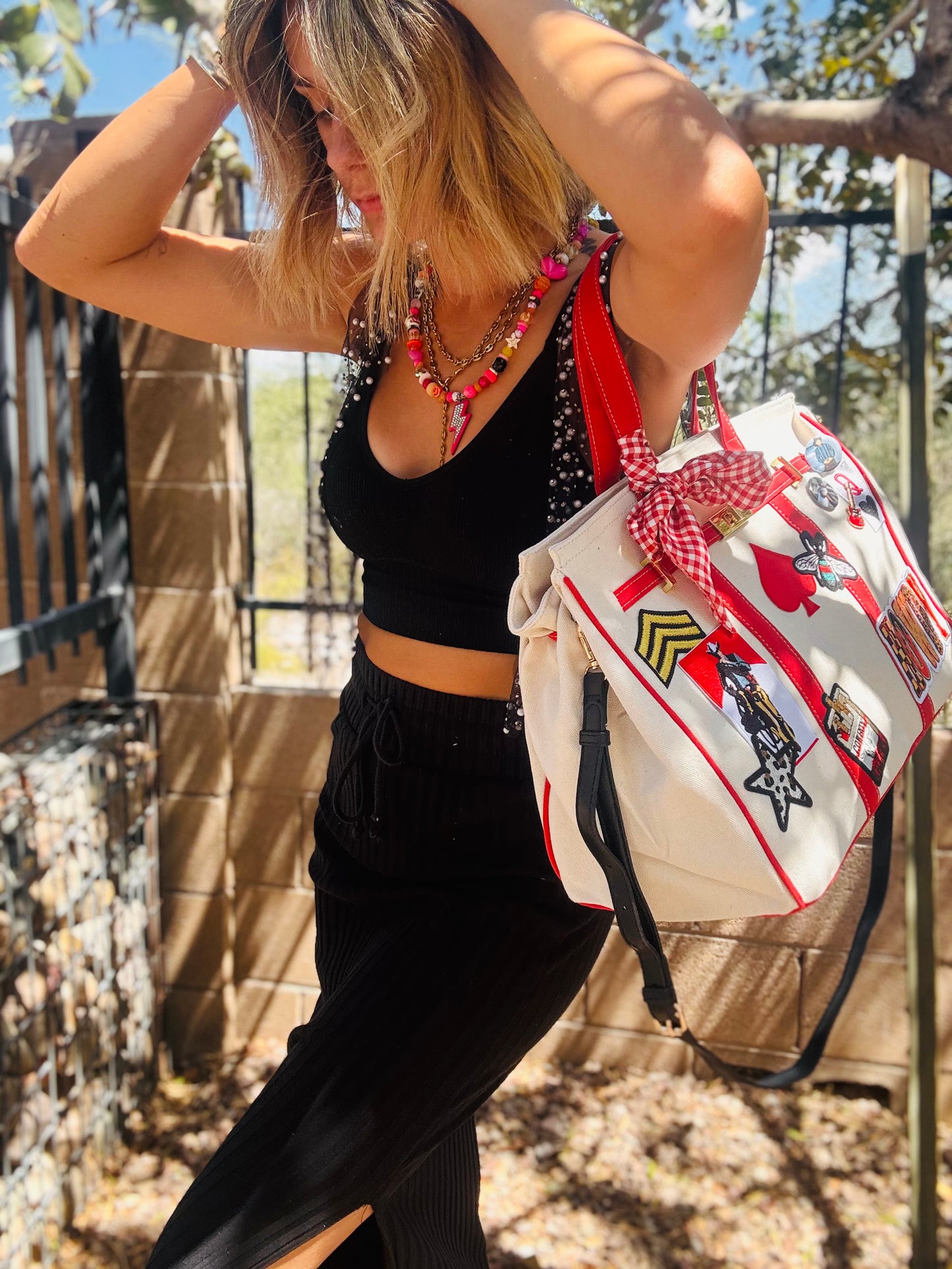 RTS-retro red cowboy  -Carry all  TOTE canvas- with satin lining interior