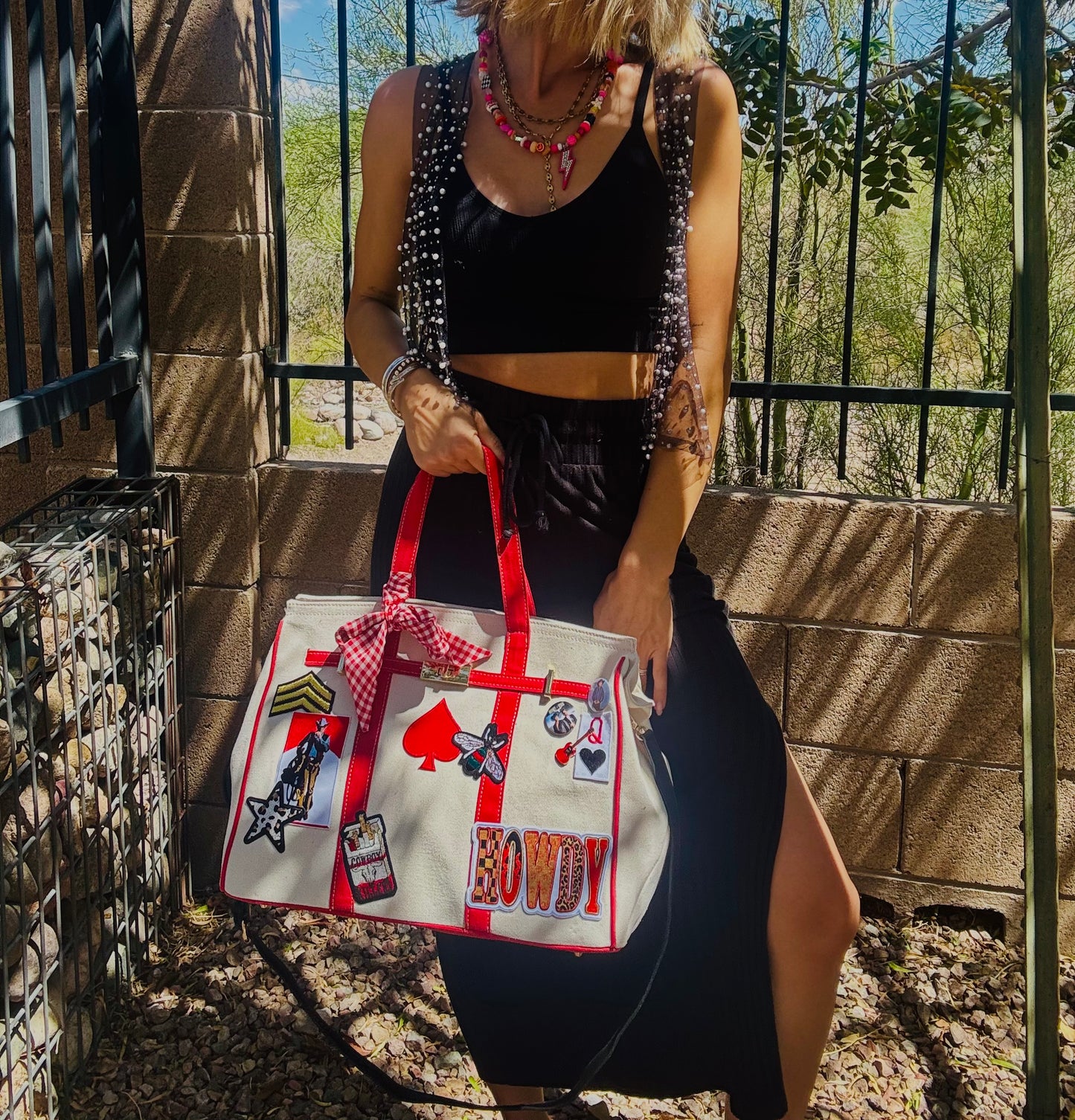 RTS-retro red cowboy  -Carry all  TOTE canvas- with satin lining interior