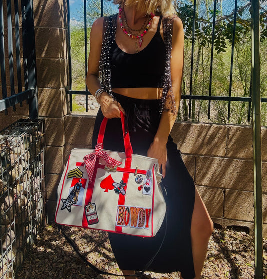 RTS-retro red cowboy  -Carry all  TOTE canvas- with satin lining interior