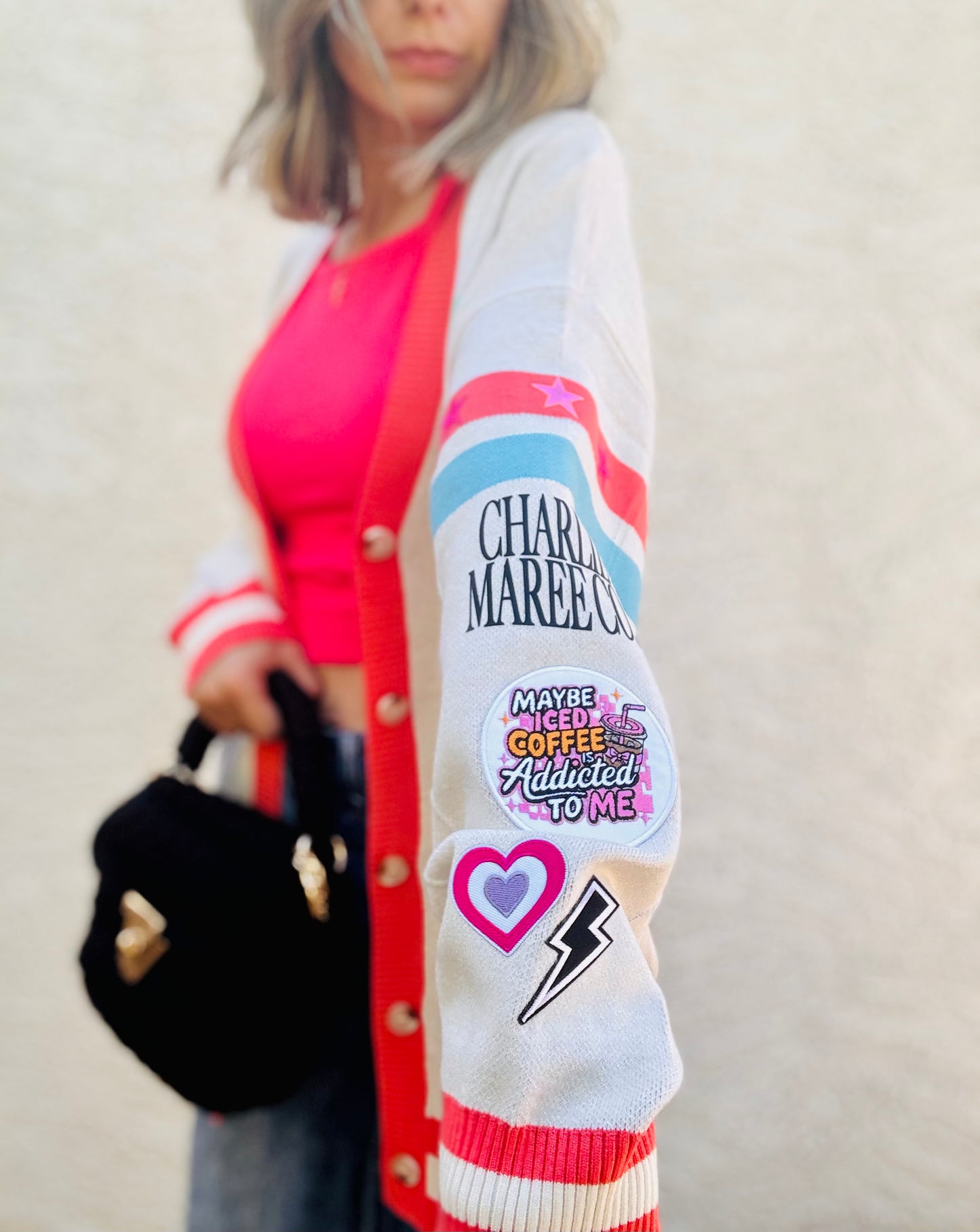 BBH-CHERRY BOMBER CARDIGAN + maybe iced coffee is addicted to me +￼ CM CO. babes