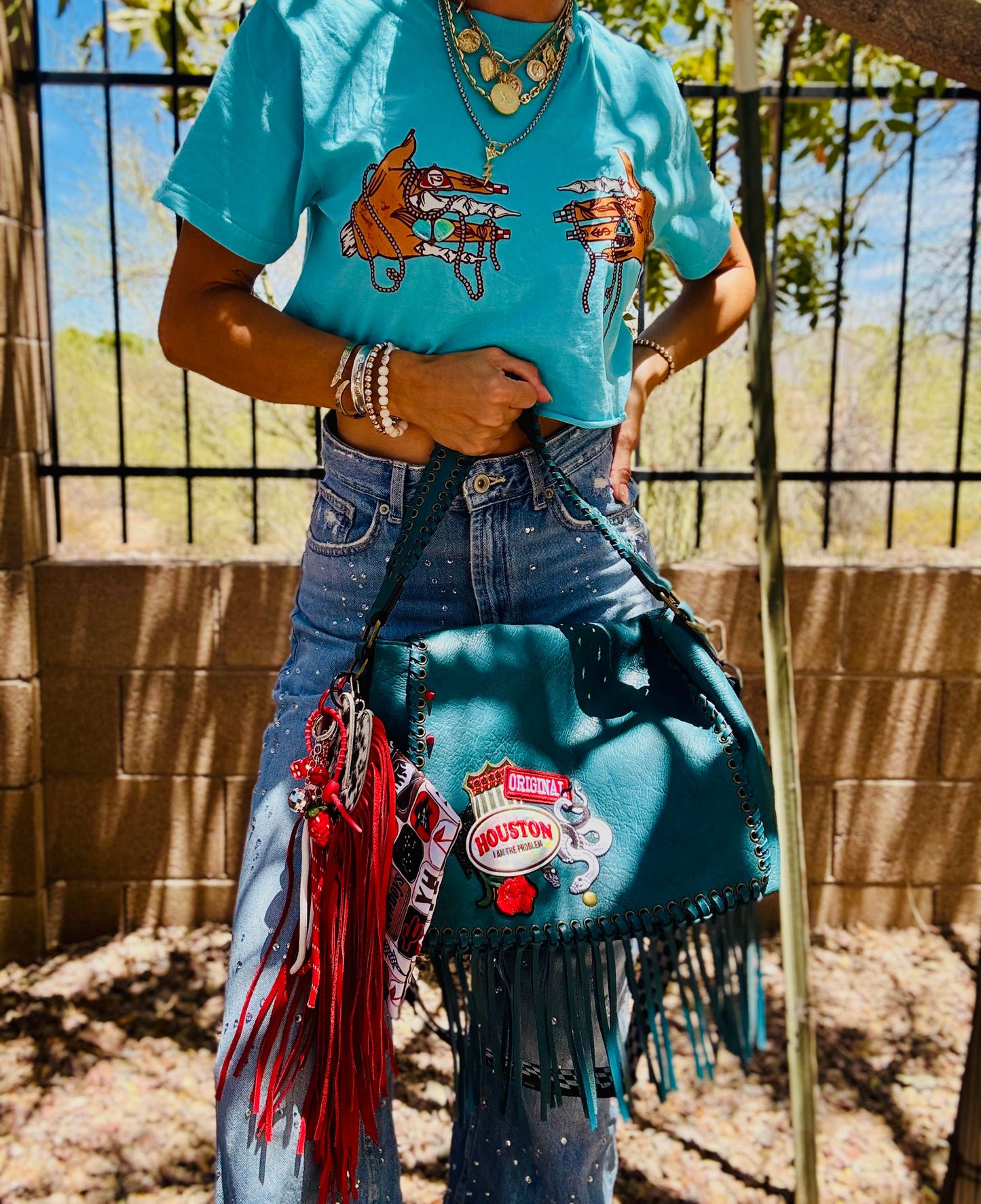 SAT-HOUSTON IM THW PROBLEM PRETTY AND EDGY- HANDMADE GENUINE COWHIDE CACTUS FRINGE- crossbody strap included** The Jerome**