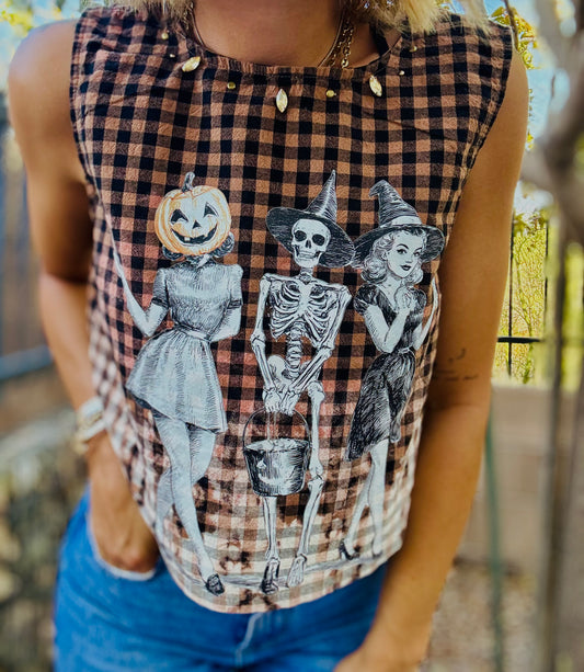 MD-plaid vintage wash vest with pin up spooky and rhinestone collar -DAD TEE LARGE fits like a medium and is a traditional cropped top tank
