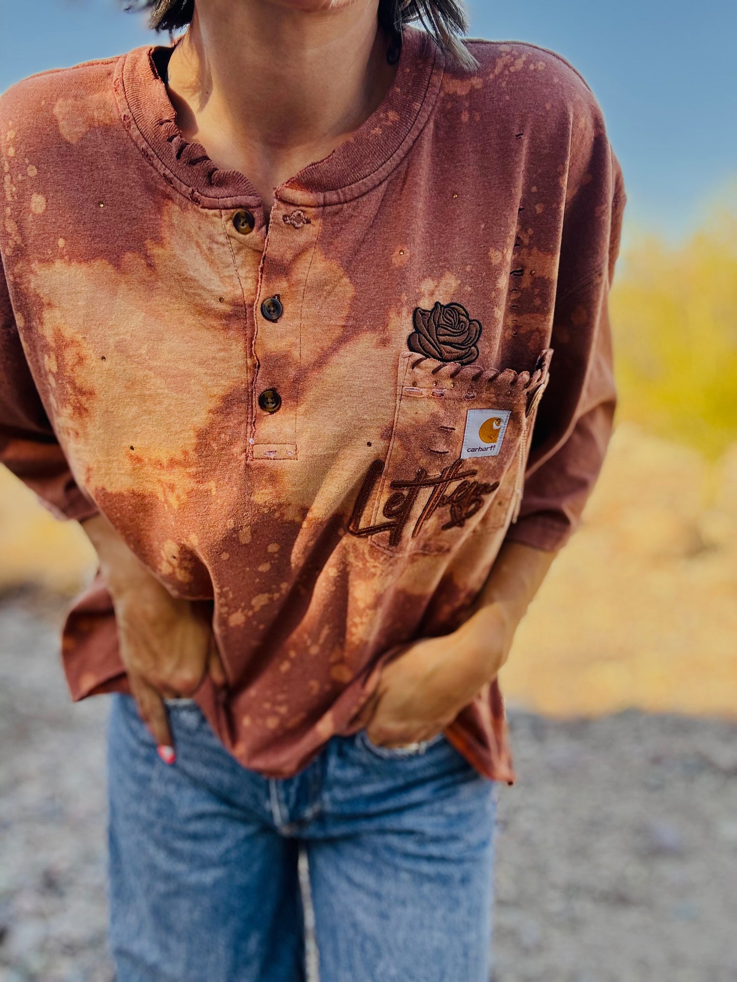 HD-rustic bronze let them  DISTRESSED POCKET SHIRT - MENS XLARGE CUT button top