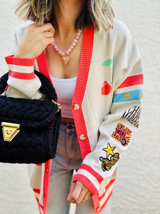 BBH-CHERRY BOMBER CARDIGAN + slay the day tiger +￼ CM CO. babes