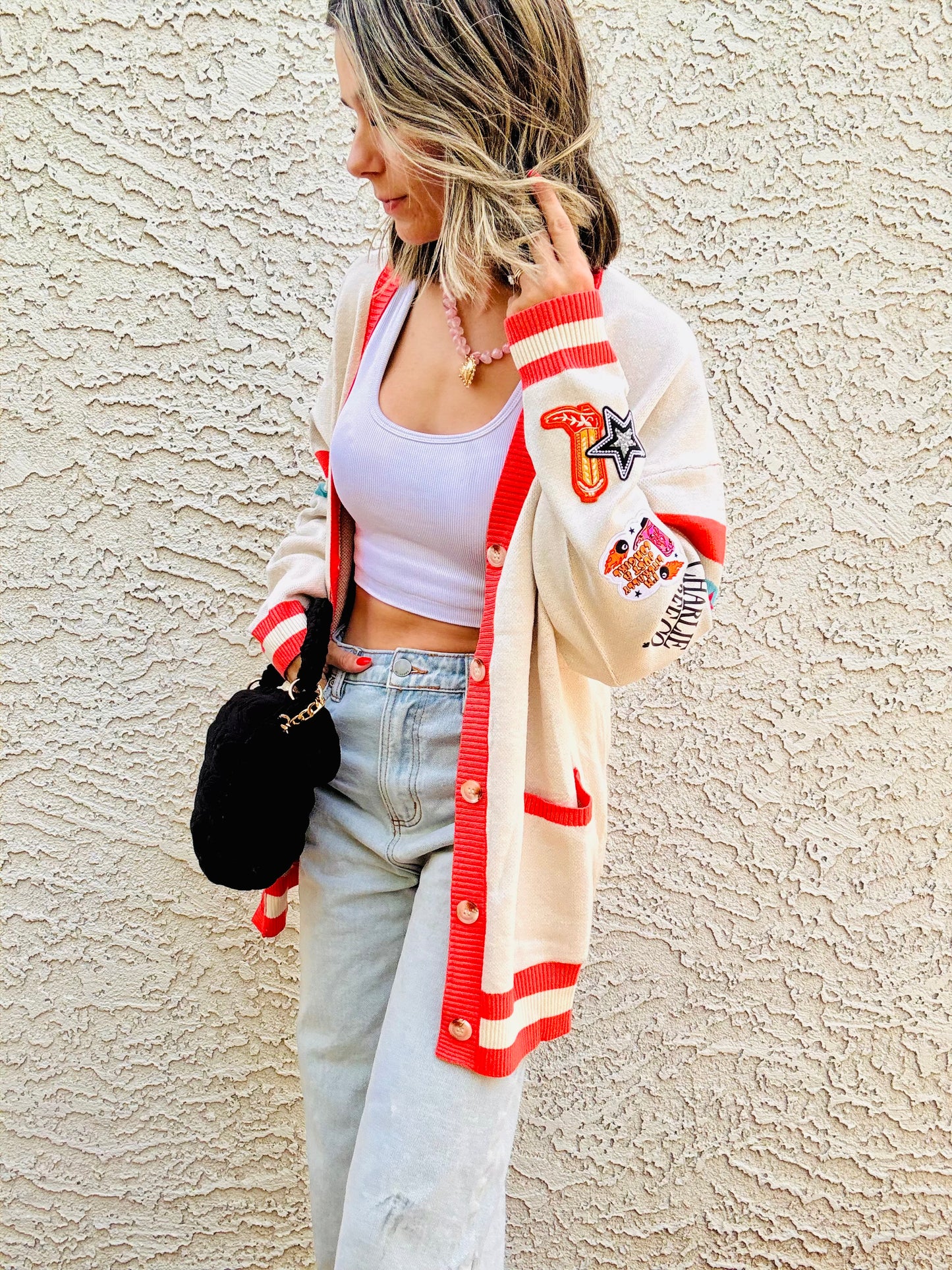 BBH-CHERRY BOMBER CARDIGAN + i’m literally just a cowgirl, orange boot ￼ CM CO. babes