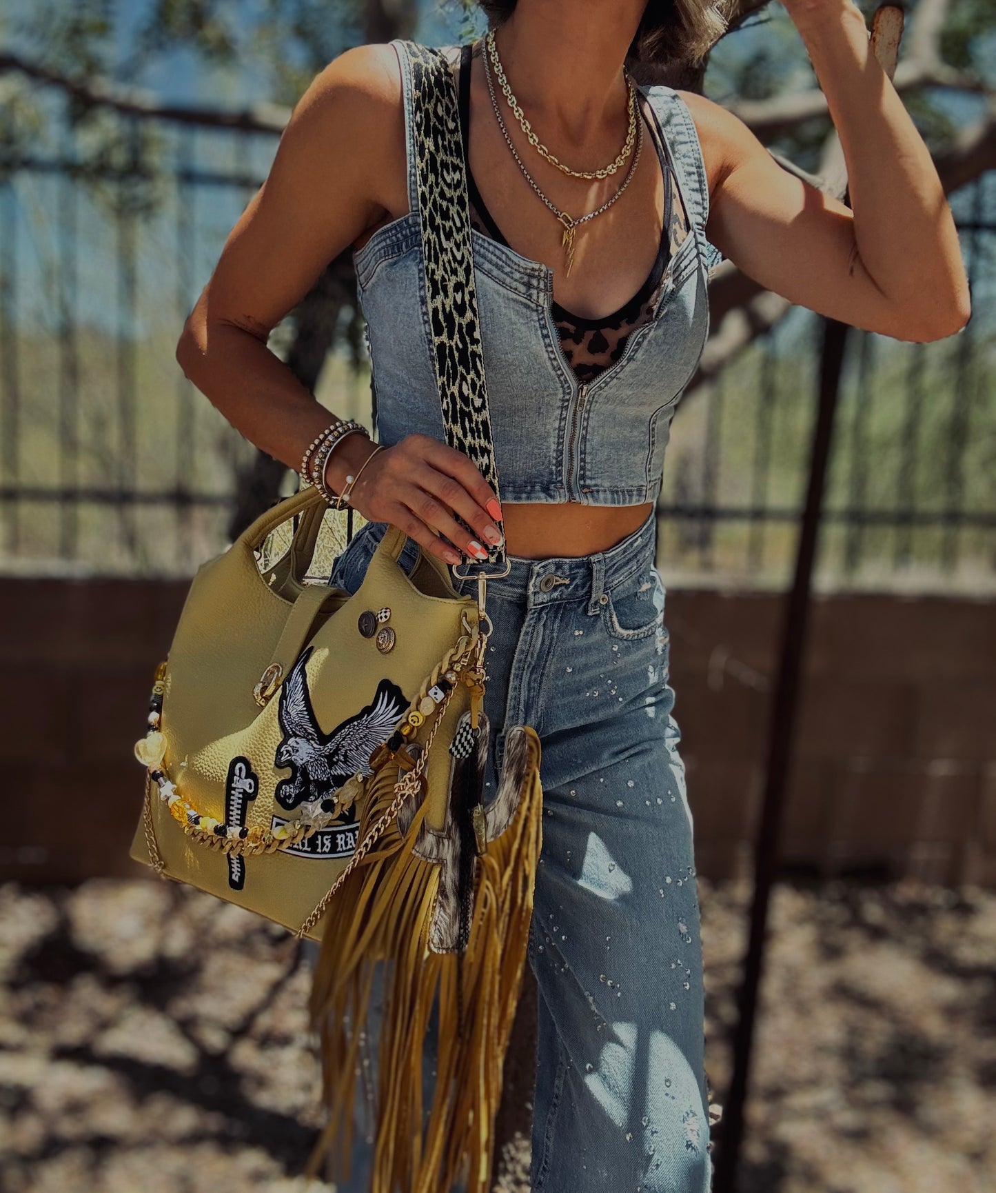 RG- GOLDEN SUN REAL IS RARE EAGLE - HANDMADE BEAX CHAIN + HANDMADE GENUINE COWHIDE BAG CHARM+ TUCSON ￼** multi straps