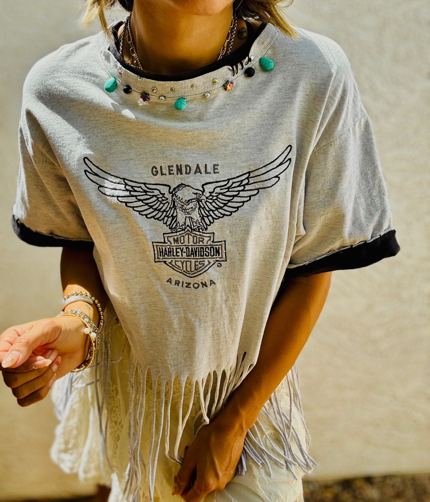TEE-beaded collar bike babe  - DAD TEE MENS MEDIUM handmade fringe