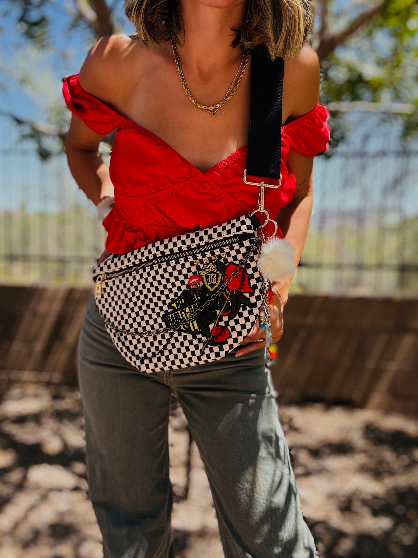 SCC- bike babe red lips handmade bag charm + SEDONA BAG Crossbody
