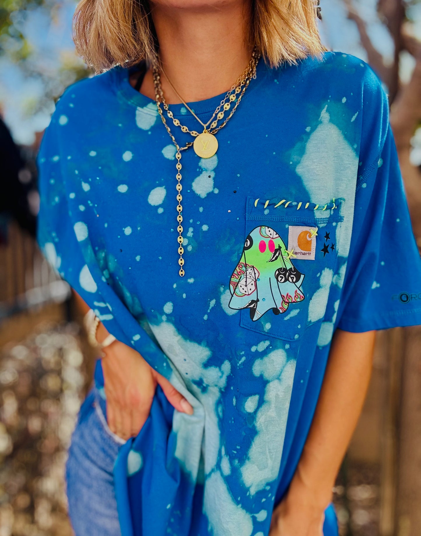 MD-GROOVY BLUE GHOSTIE -HUSBAND POCKET TEE XL CROPPED CUT
