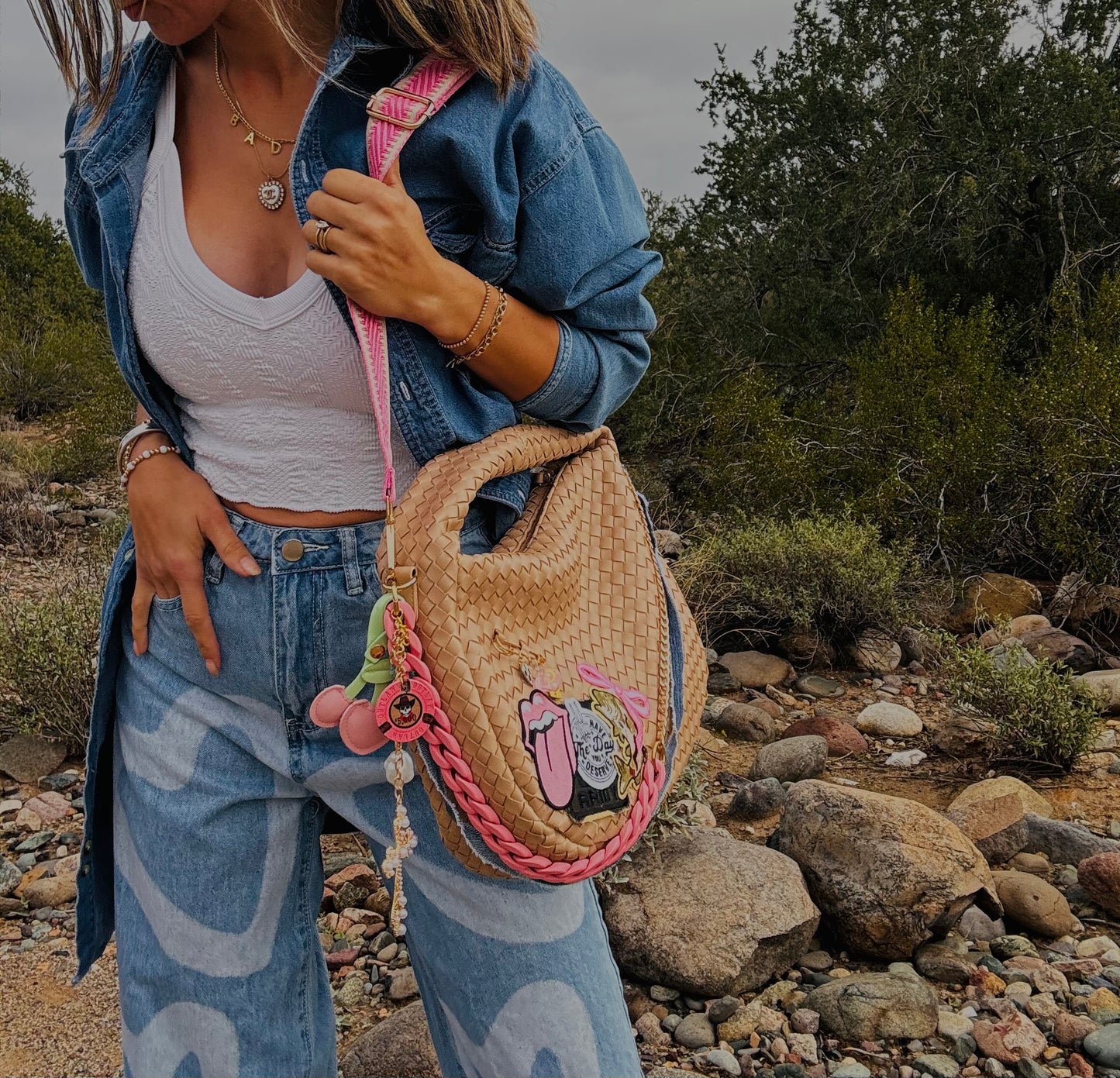 NY-day you deserve pink and denim babe+ denim snaffle bit and checkered *CHANDLER BAG**