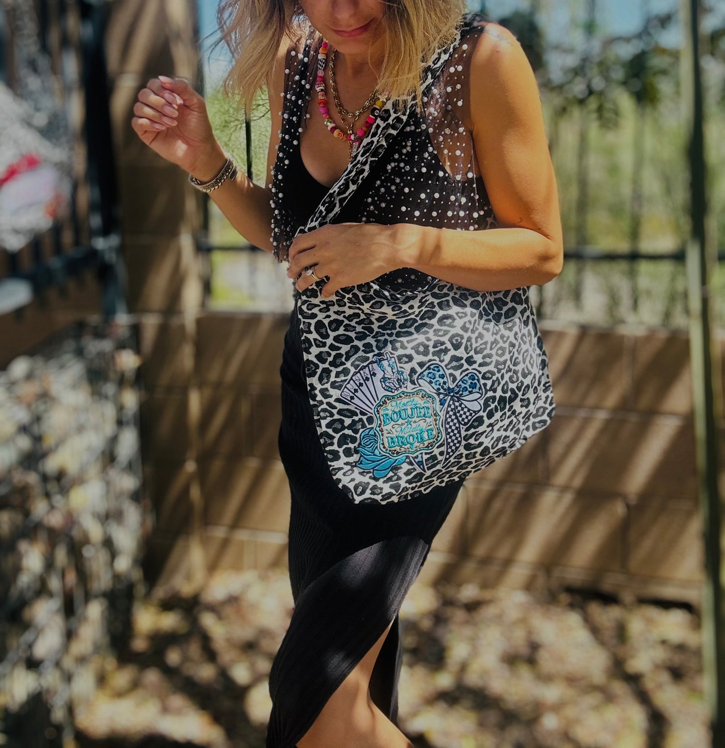 RTS-mostly boujee Mindy broke - light leopard fabric tote