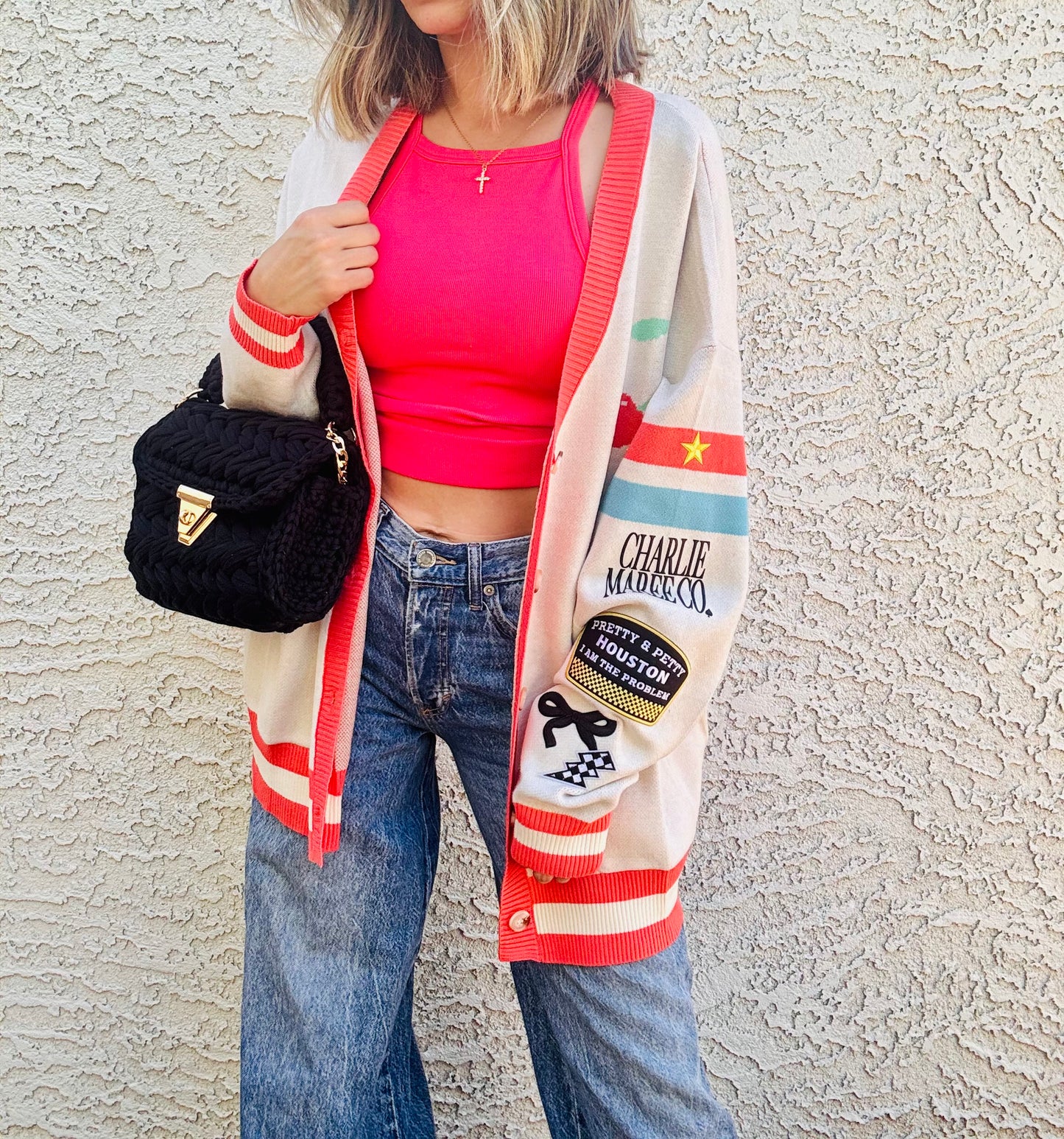 BBH-CHERRY BOMBER CARDIGAN + pretty petty Houston I’m the problem +￼ CM CO. babes