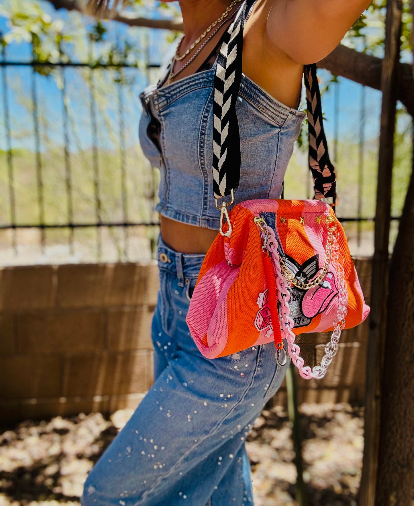 RG-take it easy wrangler denim patch work  +** pink and orange stripe LIZZIE KISS CLUTCH￼** WITH STRAP