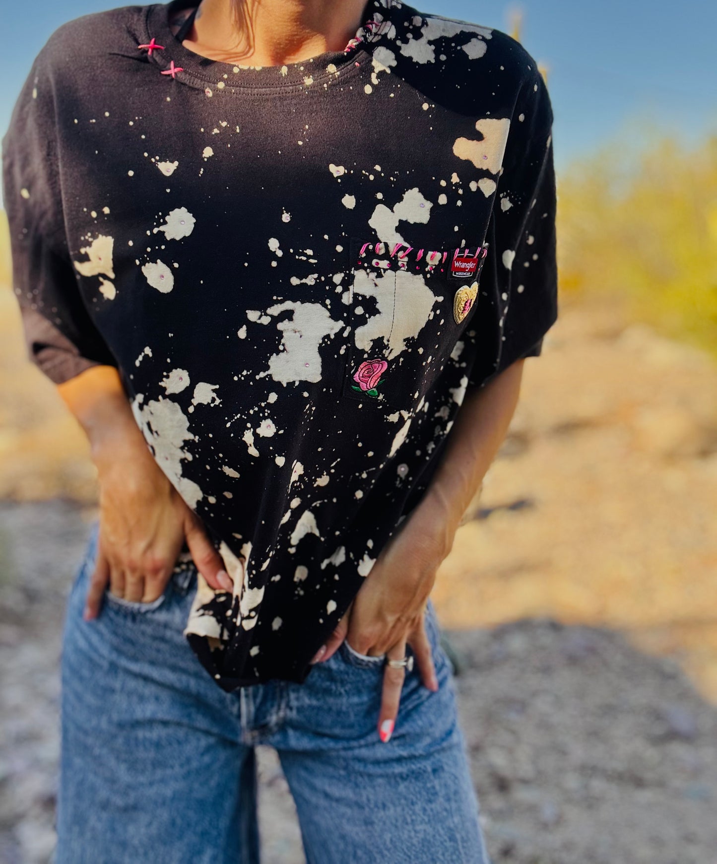 HD-Cosmic Baddie  - BLACK DISTRESSED POCKET SHIRT - MENS LARGE CUT