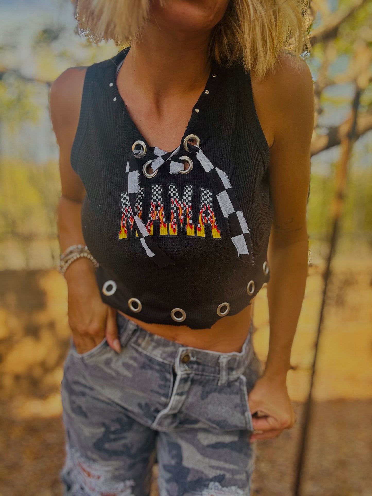 HMT-checkered mama + HEAVY METAL CROP TANK size MEDIUM