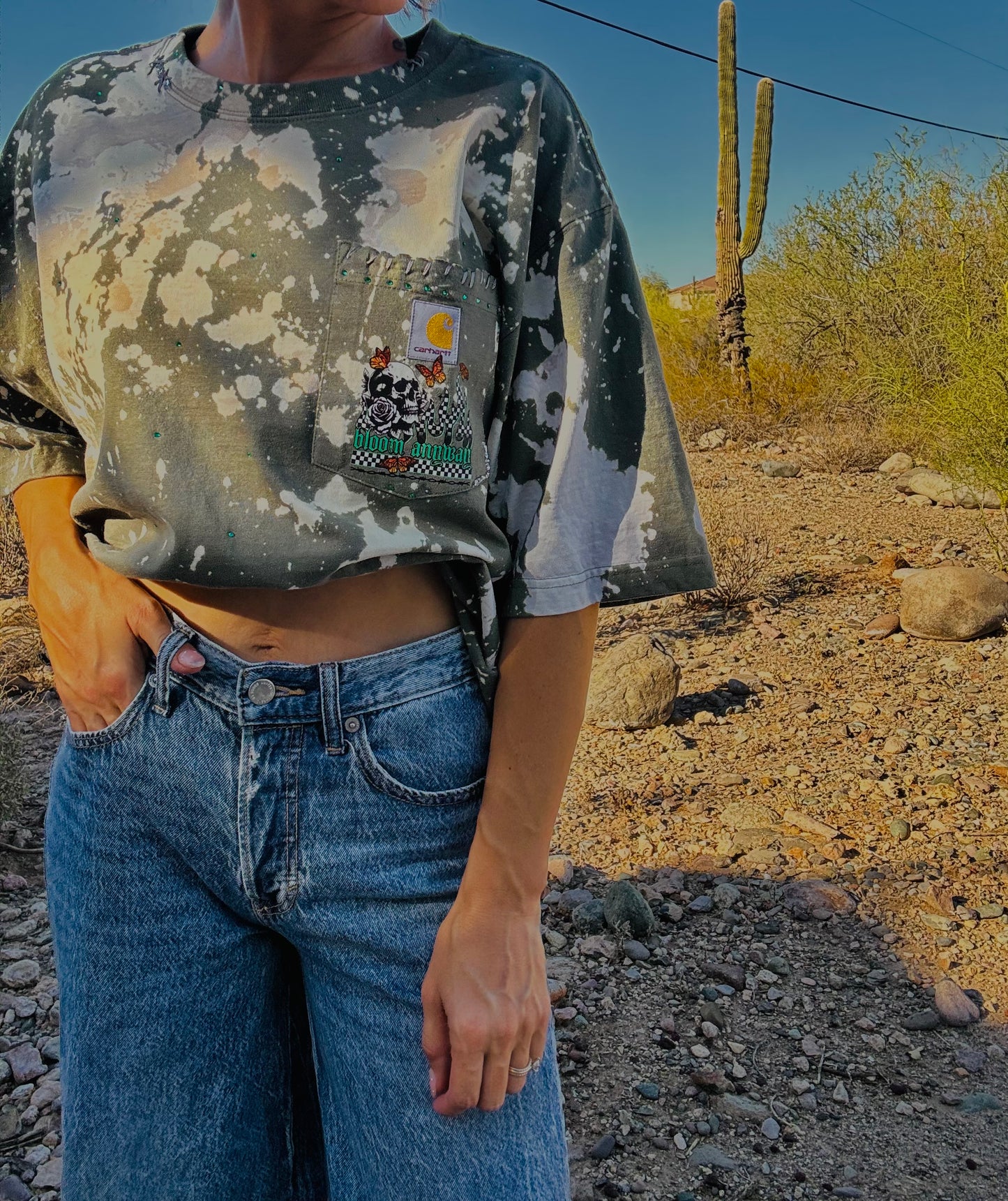 HD-bloom anyway butterfly skulls - sage green- DISTRESSED POCKET SHIRT - MENS MEDIUM CUT