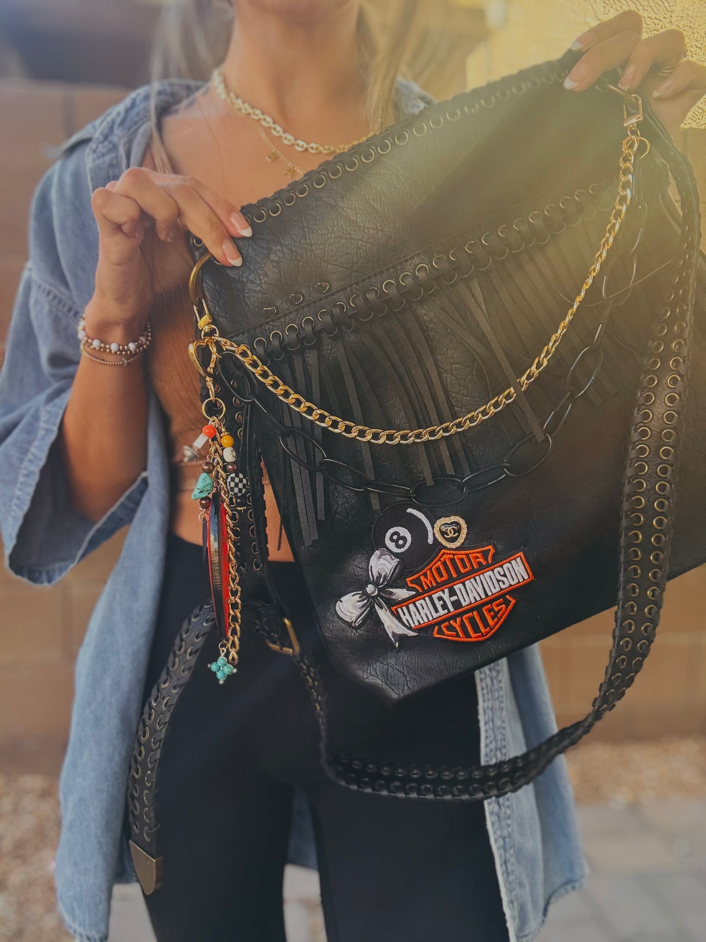 FC-bike babe+ Authentic upcycled button- handmade badass charms FRINGE +buckle CROSSBODY
