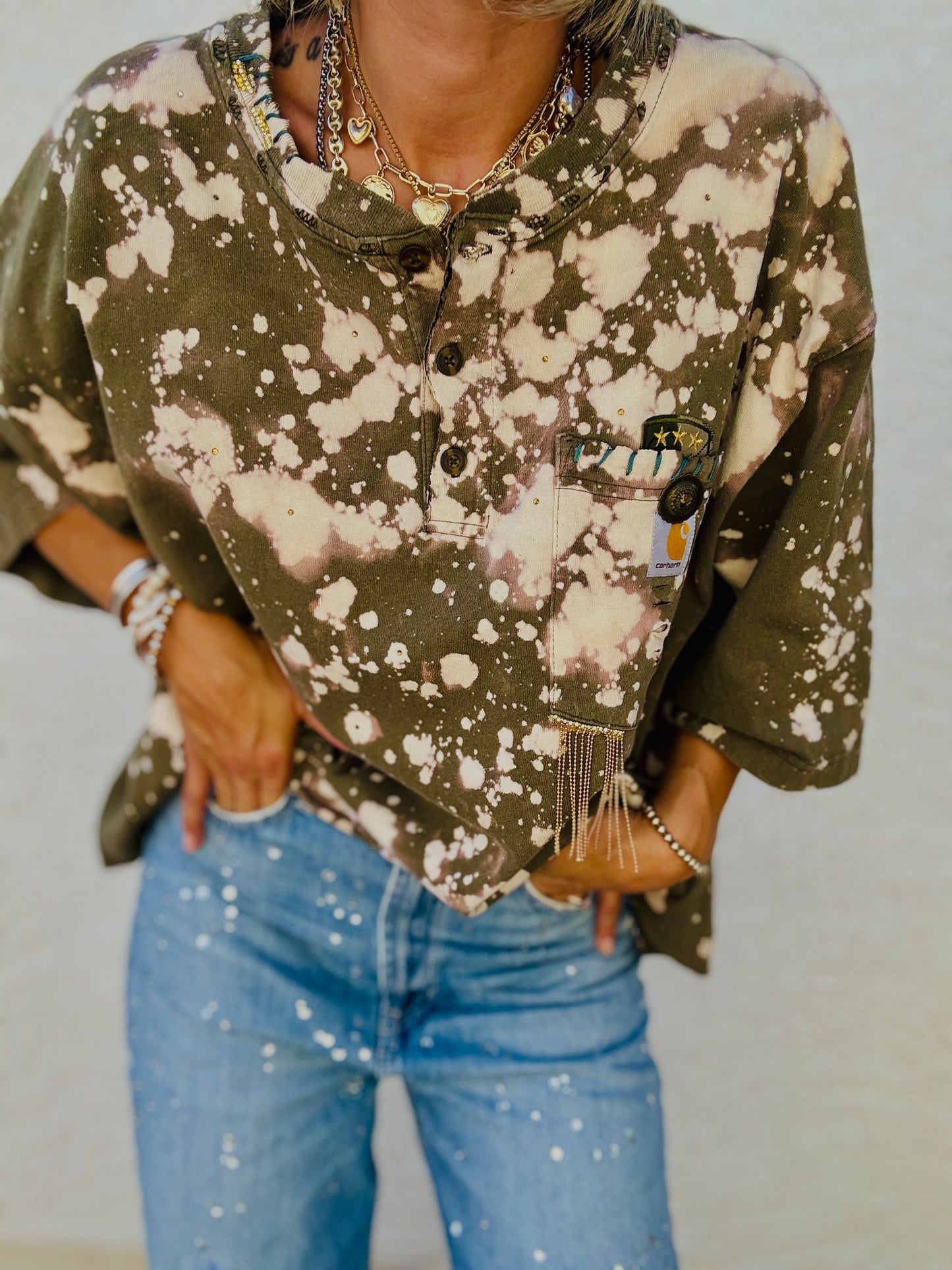 HD- army green pink rose DISTRESSED POCKET SHIRT - MENS 2XL CUT button top