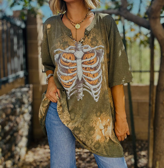 MD-SKELETON RIB CAGE GREEN lace wash  DAD TEE 3XL BOTTOM HEM CUT OFF CROP OPEN CHAIN BACK
