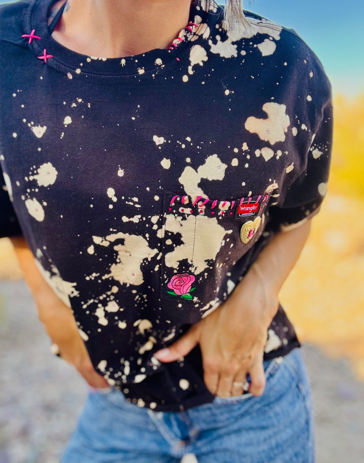HD-Cosmic Baddie  - BLACK DISTRESSED POCKET SHIRT - MENS LARGE CUT