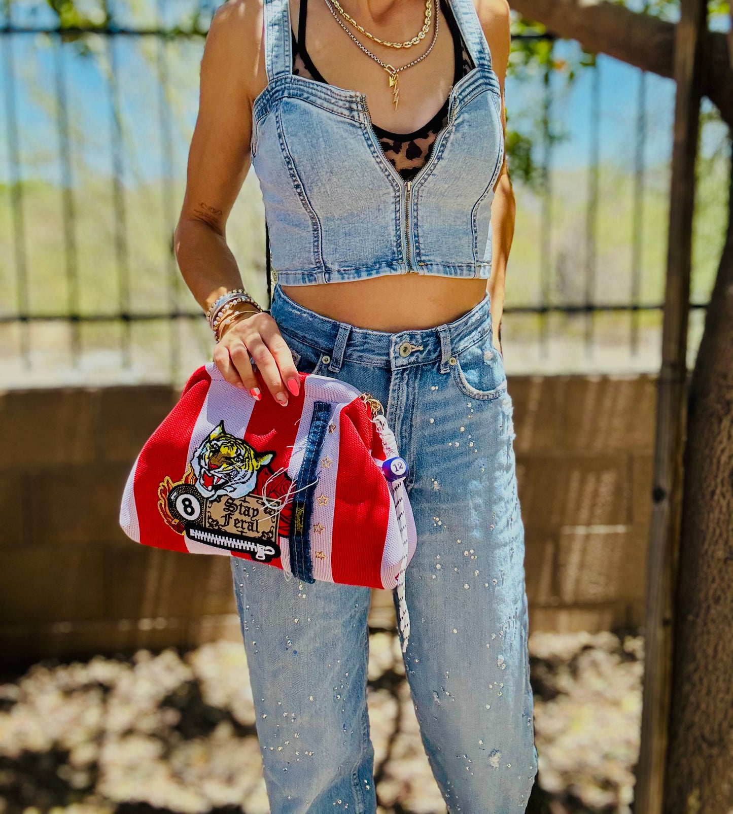 RG-stay feral- denim stitch work +** lavender and red stripe LIZZIE KISS CLUTCH￼** WITH STRAP
