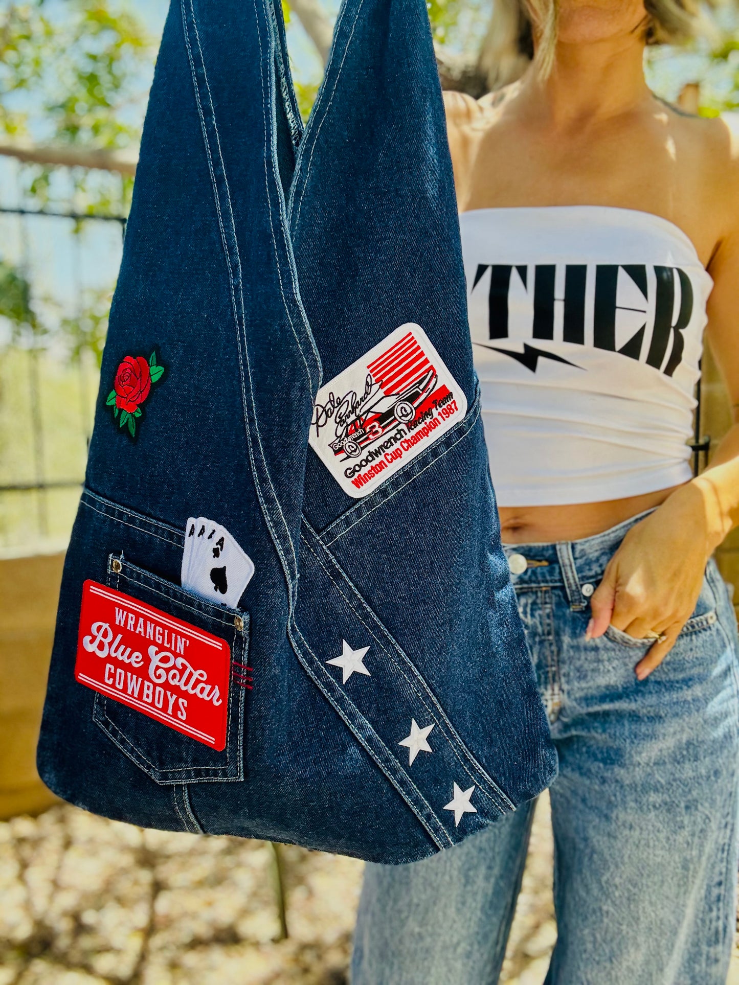 RTS-blue collar cowboys and dale racing -HOBO TOTE genuine sewn denim royal