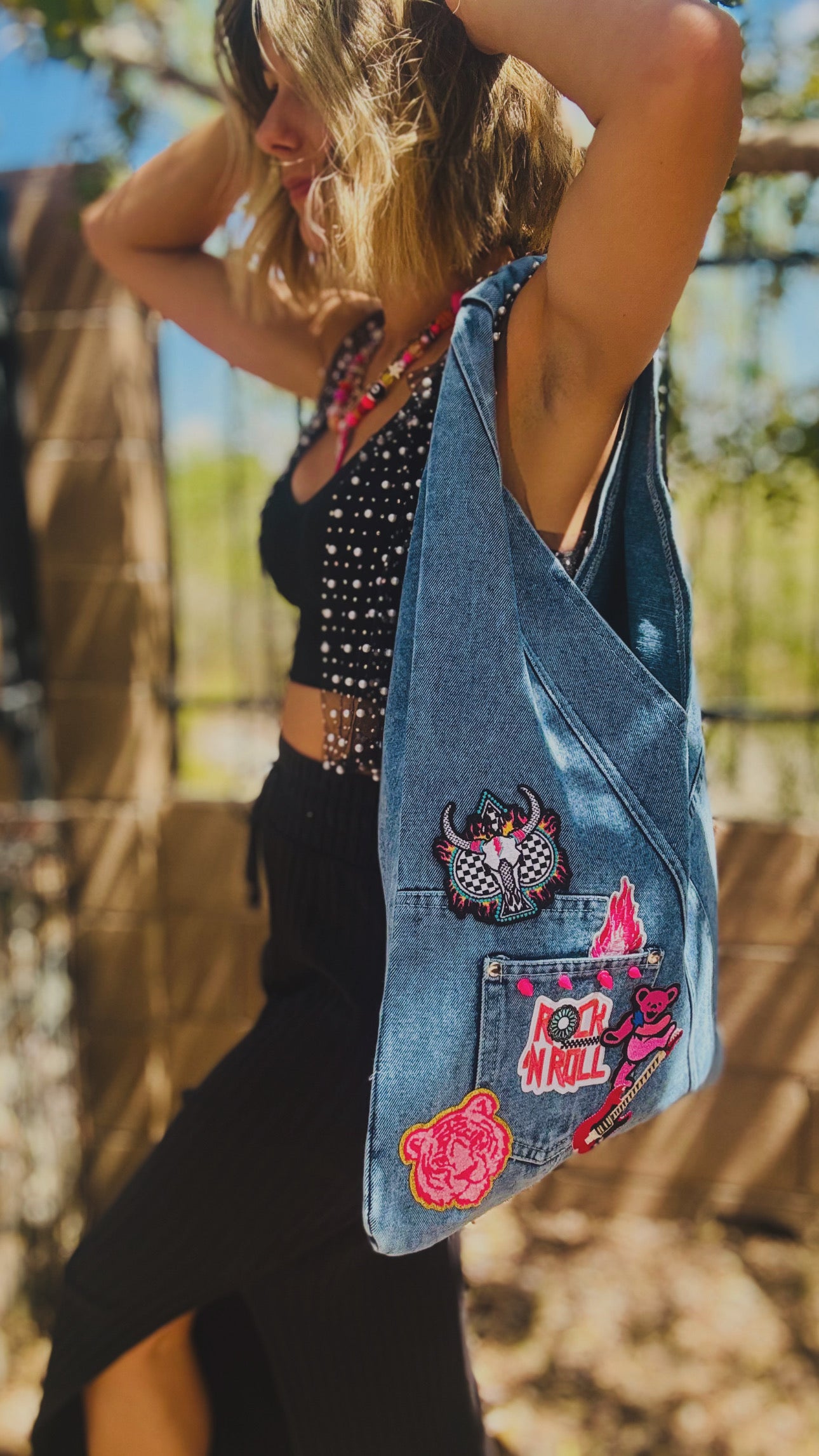 RTS-rock and roll DENIM BABE-HOBO TOTE genuine sewn denim