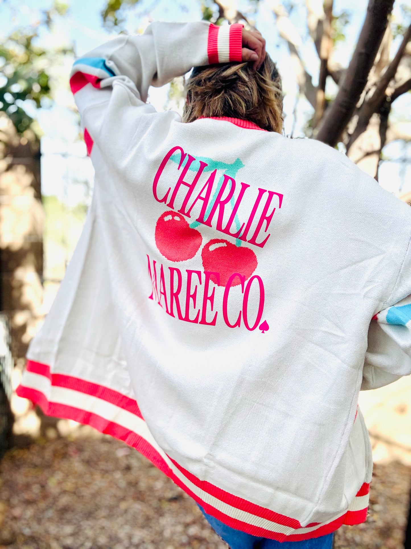 NC-CHERRY BOMBER CARDIGAN + CM CO. cherry letterman +LARGE