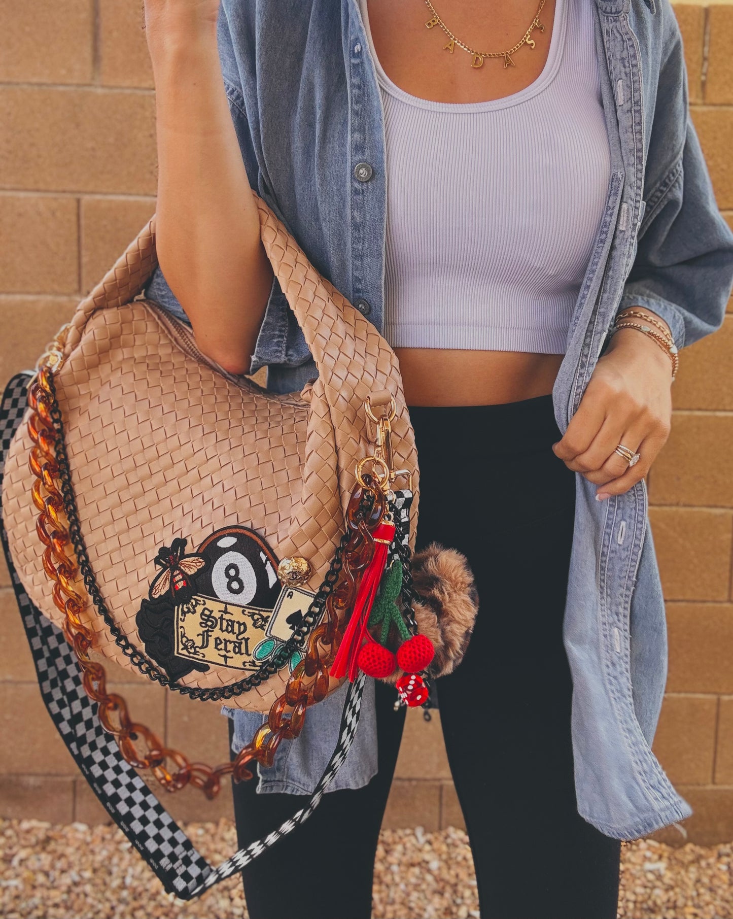 FC-Stay Feral + Upcycled authentic button upgraded +tan bag   *CHANDLER BAG**
