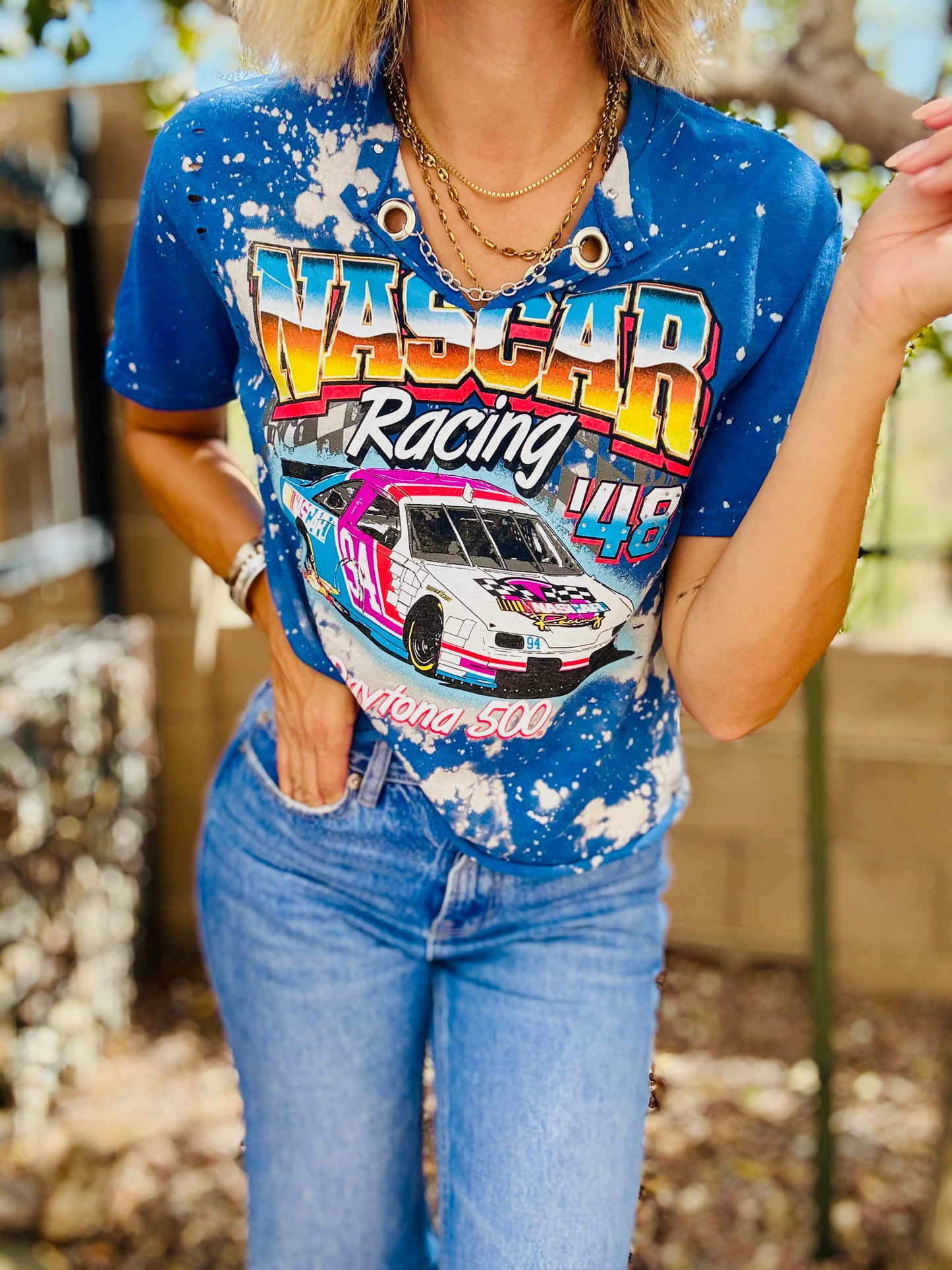 TEE- blue vintage race day  +DAD TEE small  cut off bottom chain collar
