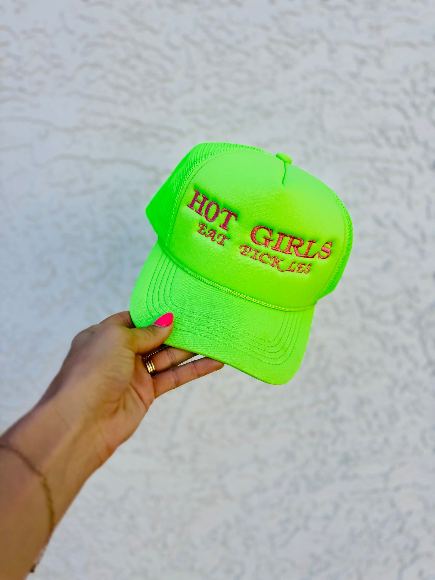 CT- Hot girls eat pickles* neon green, traditional foam mesh back SNAPBACK TRUCKER