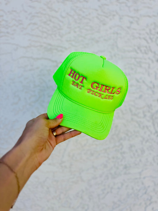 CT- Hot girls eat pickles* neon green, traditional foam mesh back SNAPBACK TRUCKER